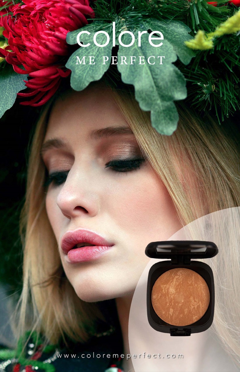 Colore Me Perfect ad with a model framed by red flowers