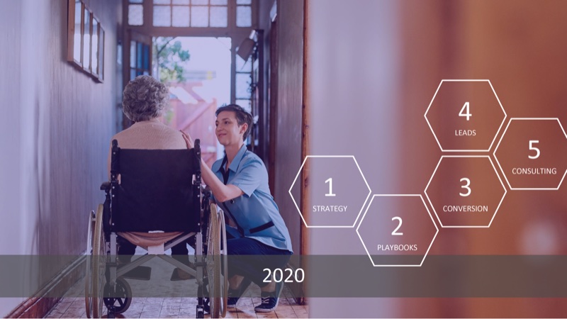 Slide with a five-step graphic over a hospital photo